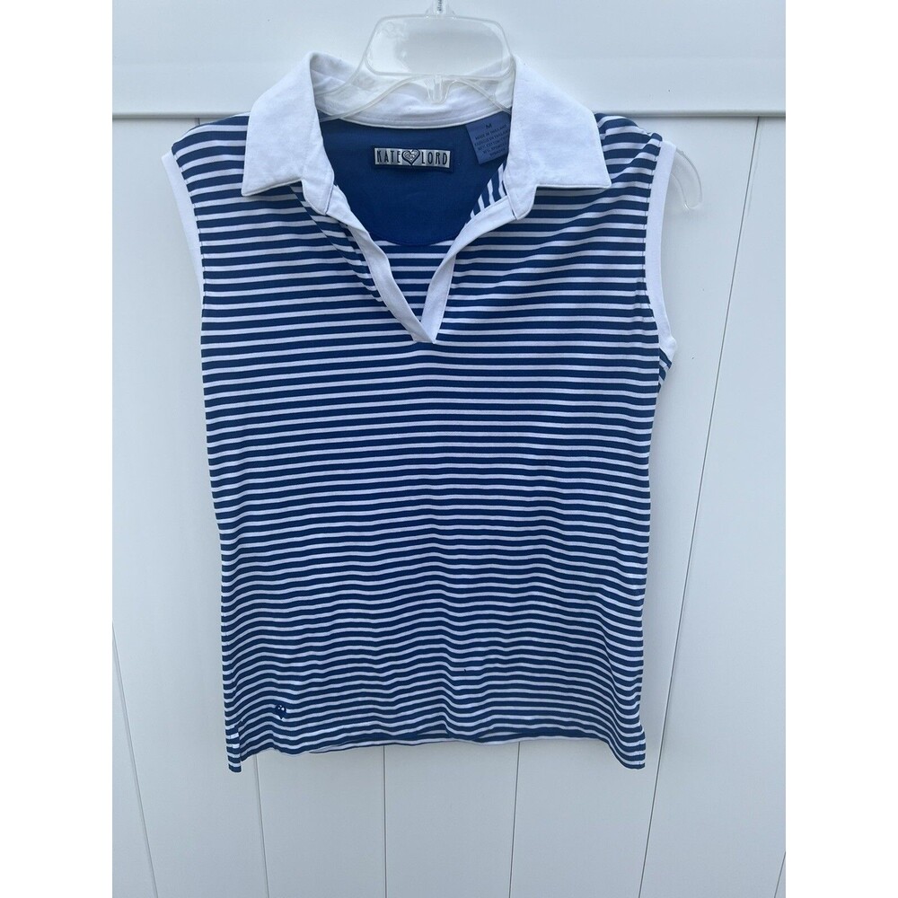Kate Lord Women's Polo Sleeveless Blue White Stripe Size Medium
